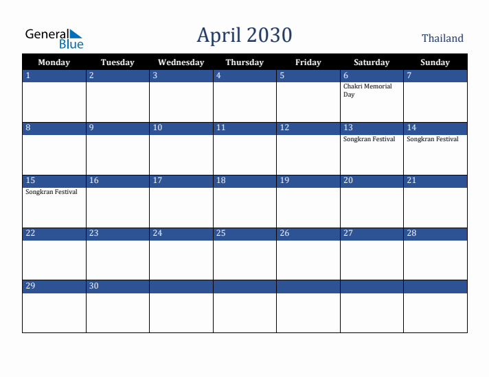 April 2030 Thailand Calendar (Monday Start)