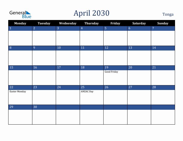 April 2030 Tonga Calendar (Monday Start)