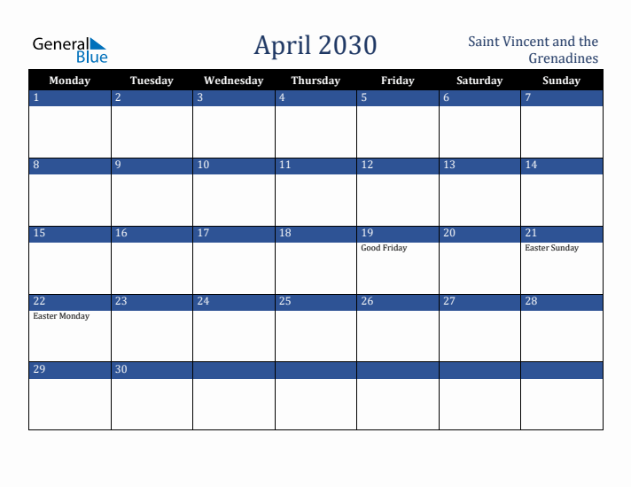 April 2030 Saint Vincent and the Grenadines Calendar (Monday Start)