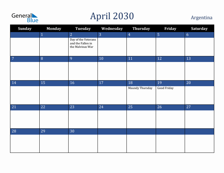 April 2030 Argentina Calendar (Sunday Start)