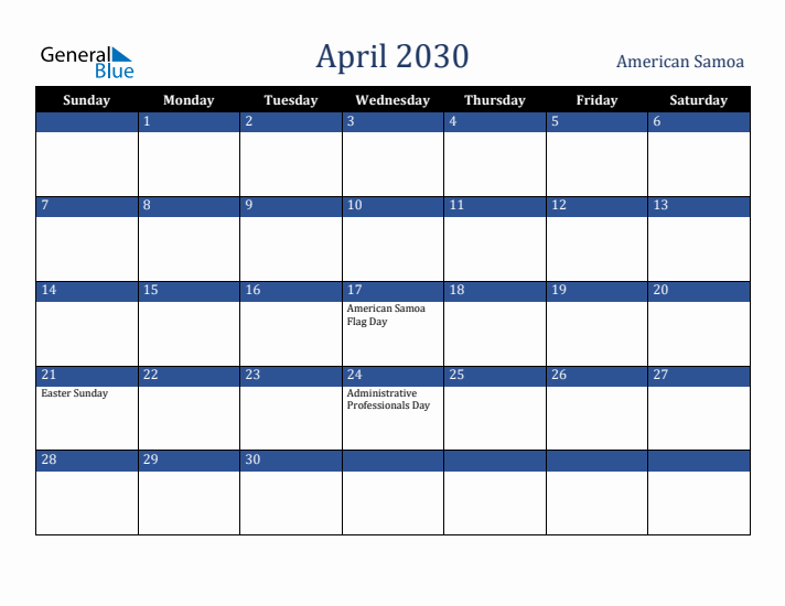 April 2030 American Samoa Calendar (Sunday Start)