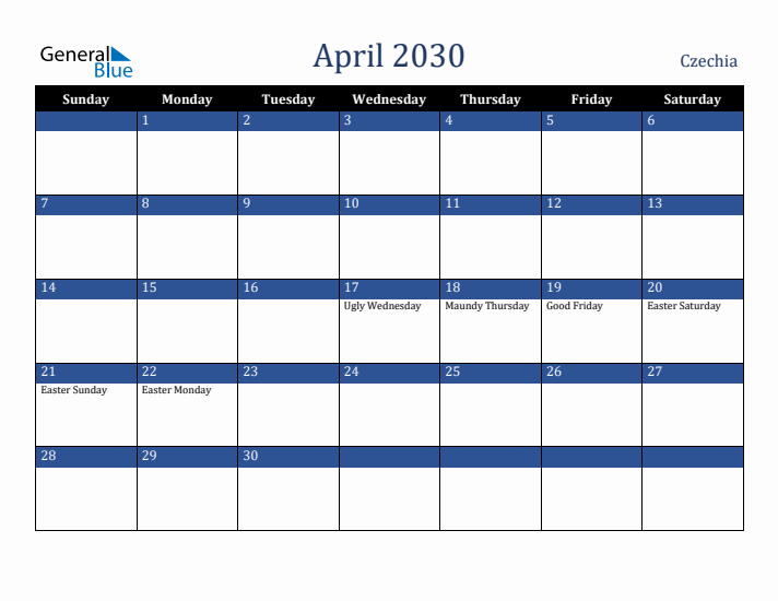 April 2030 Czechia Calendar (Sunday Start)