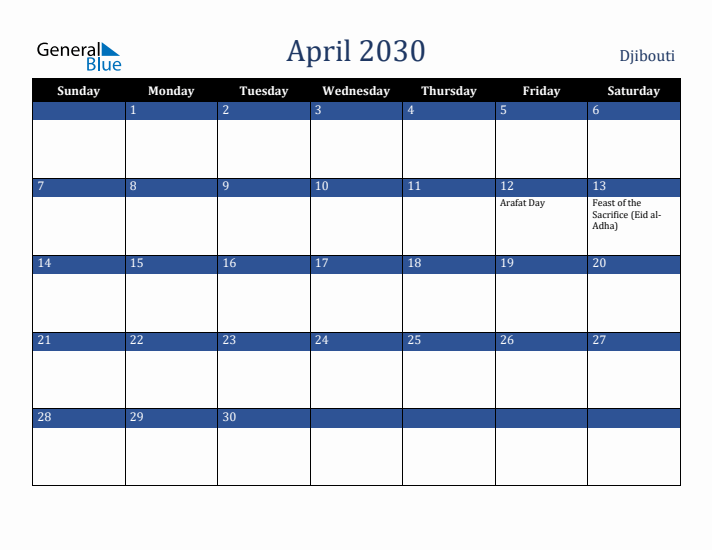 April 2030 Djibouti Calendar (Sunday Start)