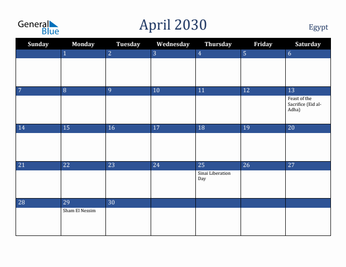 April 2030 Egypt Calendar (Sunday Start)