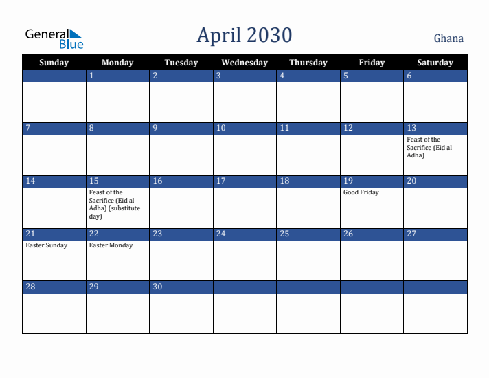 April 2030 Ghana Calendar (Sunday Start)