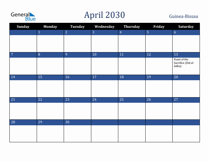 April 2030 Guinea-Bissau Calendar (Sunday Start)