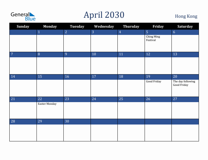 April 2030 Hong Kong Calendar (Sunday Start)
