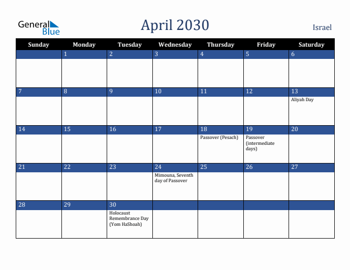 April 2030 Israel Calendar (Sunday Start)