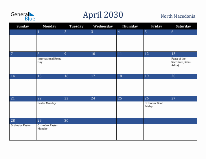April 2030 North Macedonia Calendar (Sunday Start)