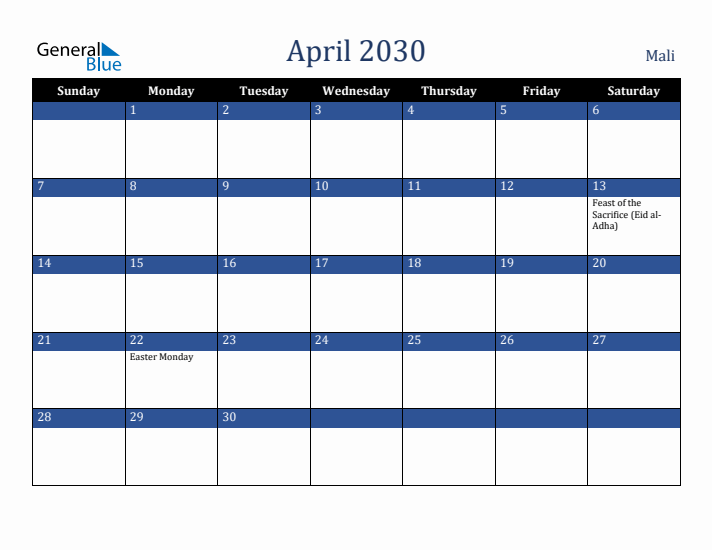 April 2030 Mali Calendar (Sunday Start)