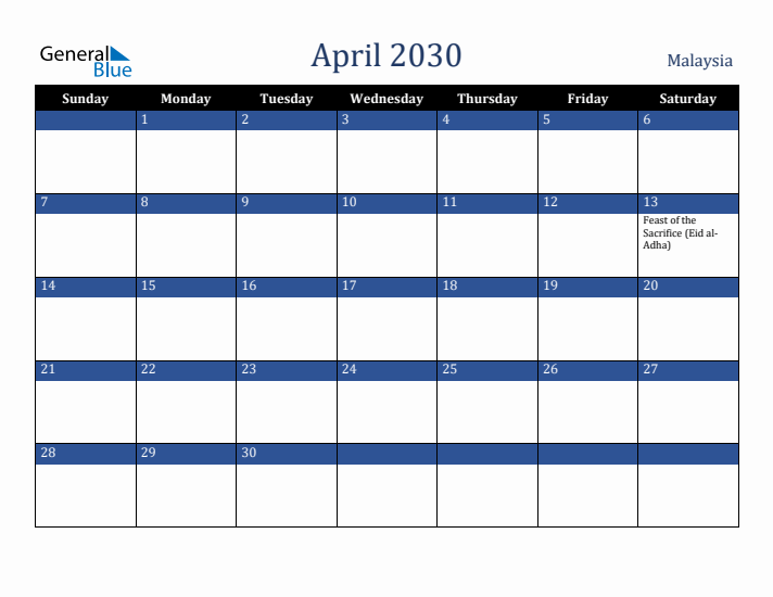 April 2030 Malaysia Calendar (Sunday Start)