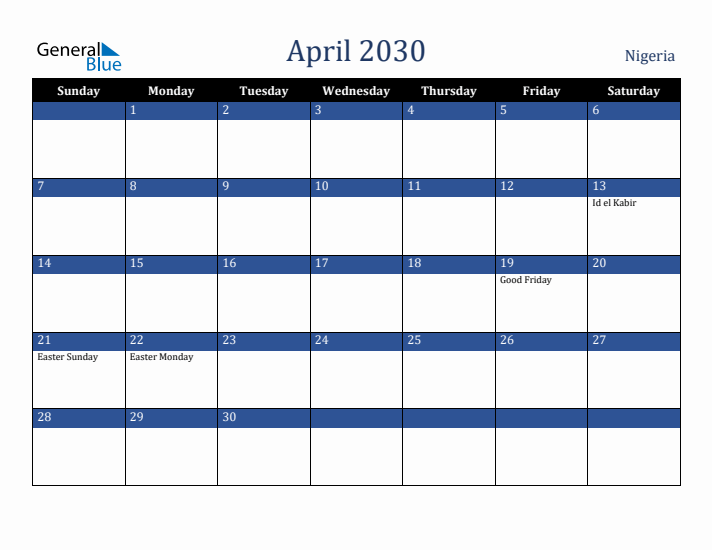 April 2030 Nigeria Calendar (Sunday Start)