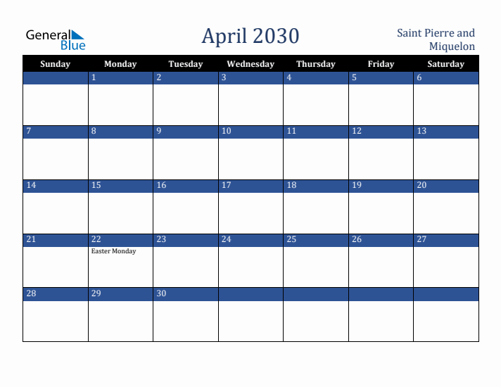 April 2030 Saint Pierre and Miquelon Calendar (Sunday Start)