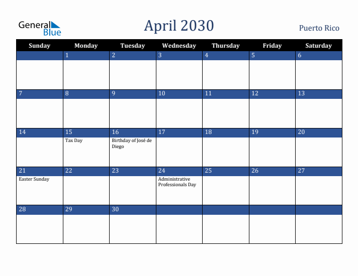 April 2030 Puerto Rico Calendar (Sunday Start)