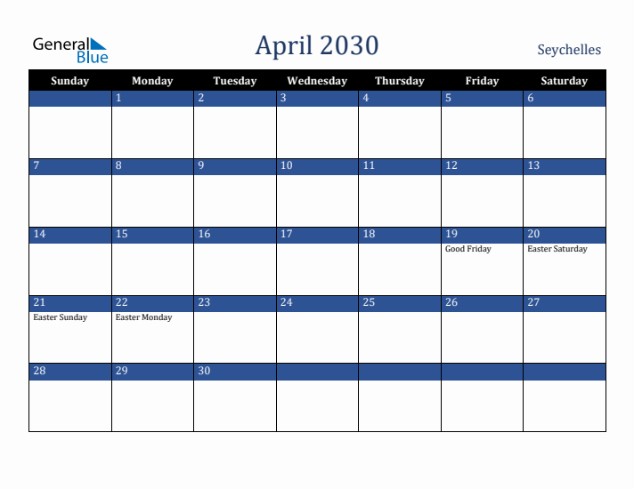 April 2030 Seychelles Calendar (Sunday Start)