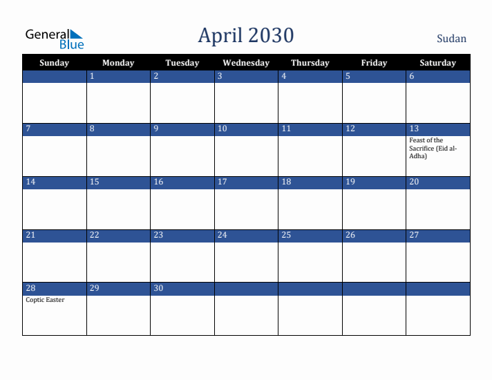 April 2030 Sudan Calendar (Sunday Start)