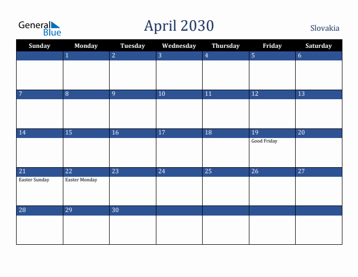 April 2030 Slovakia Calendar (Sunday Start)