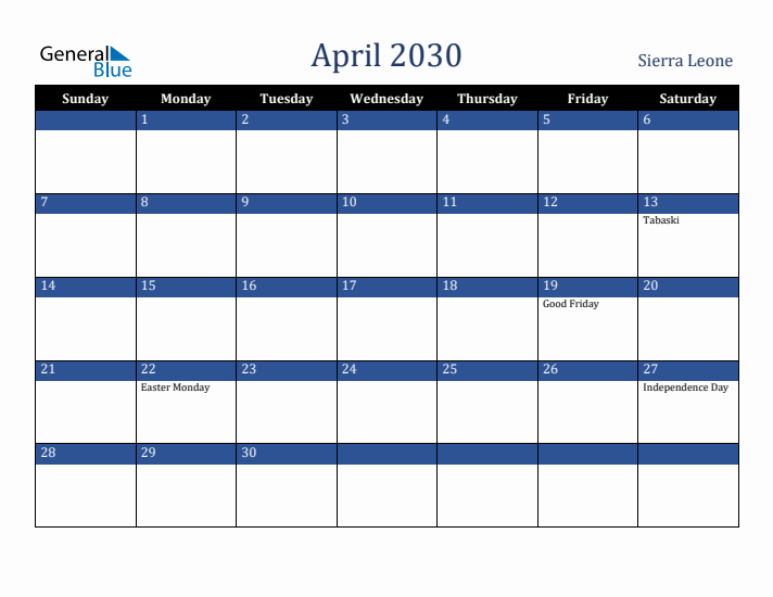 April 2030 Sierra Leone Calendar (Sunday Start)