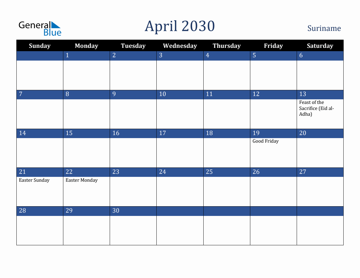 April 2030 Suriname Holiday Calendar