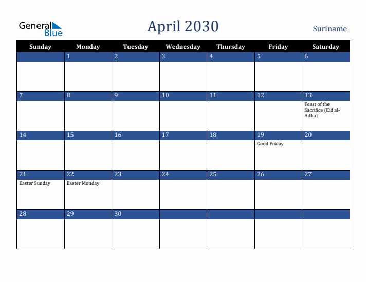 April 2030 Suriname Calendar (Sunday Start)