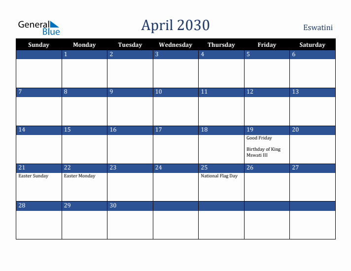 April 2030 Eswatini Calendar (Sunday Start)