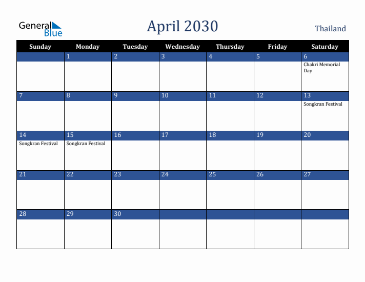 April 2030 Thailand Calendar (Sunday Start)