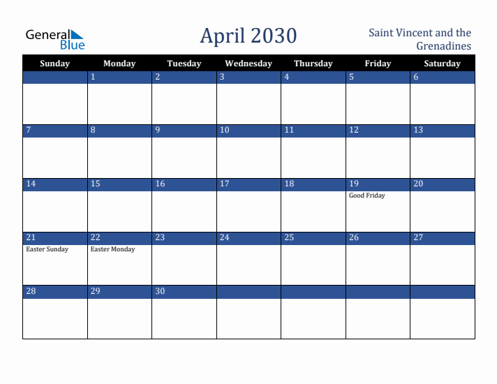 April 2030 Saint Vincent and the Grenadines Calendar (Sunday Start)