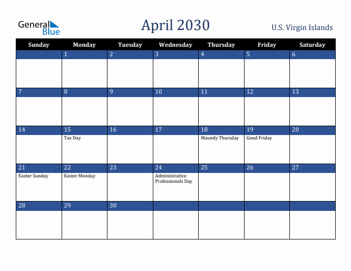 April 2030 U.S. Virgin Islands Calendar (Sunday Start)