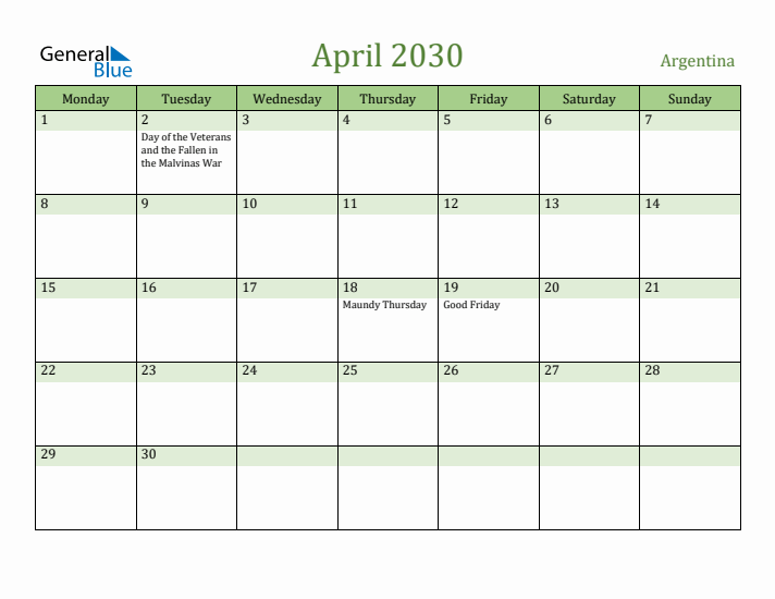 April 2030 Calendar with Argentina Holidays