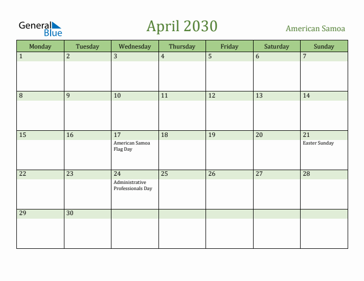 April 2030 Calendar with American Samoa Holidays