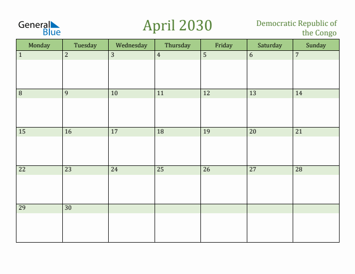 April 2030 Calendar with Democratic Republic of the Congo Holidays