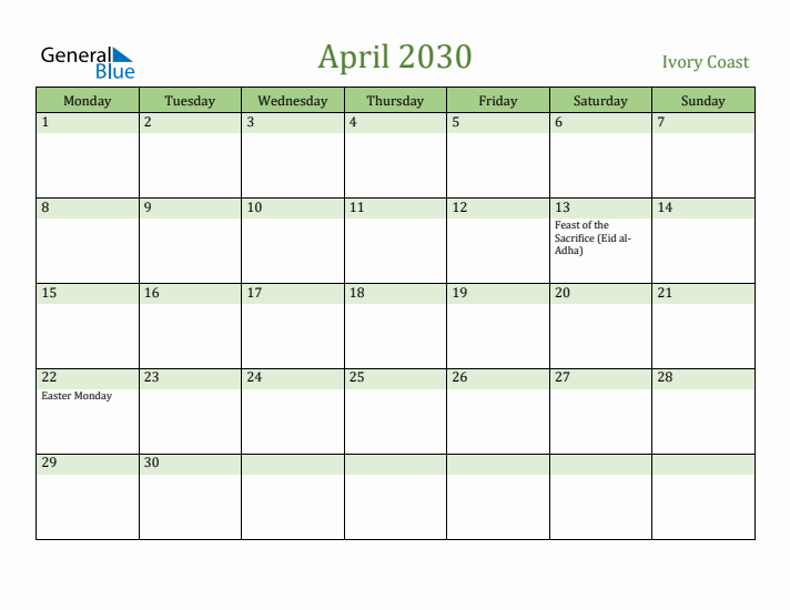 April 2030 Calendar with Ivory Coast Holidays