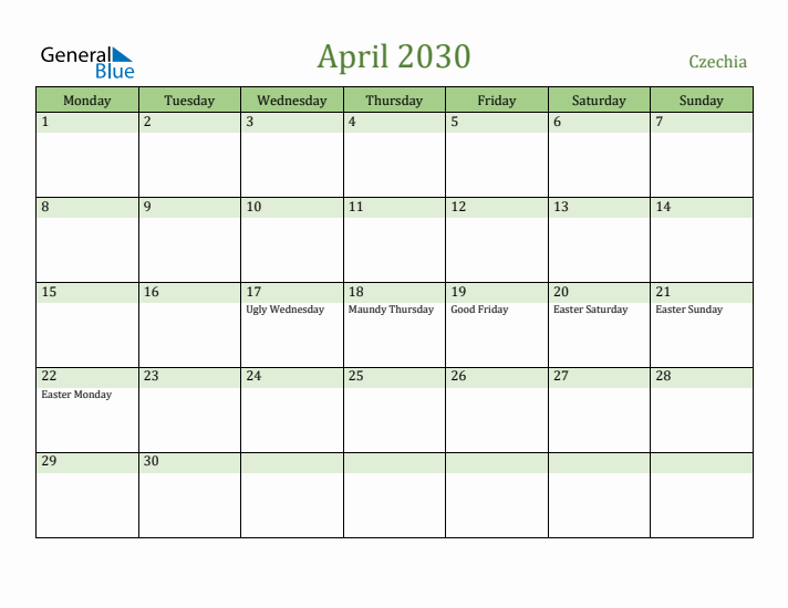 April 2030 Calendar with Czechia Holidays