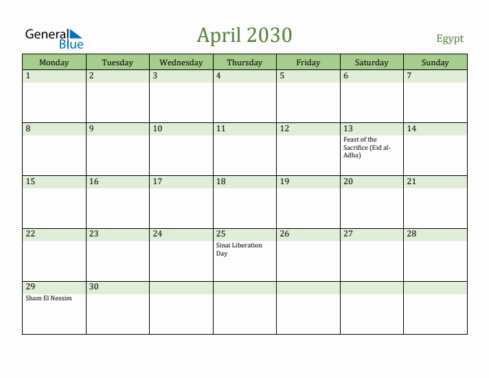 April 2030 Calendar with Egypt Holidays