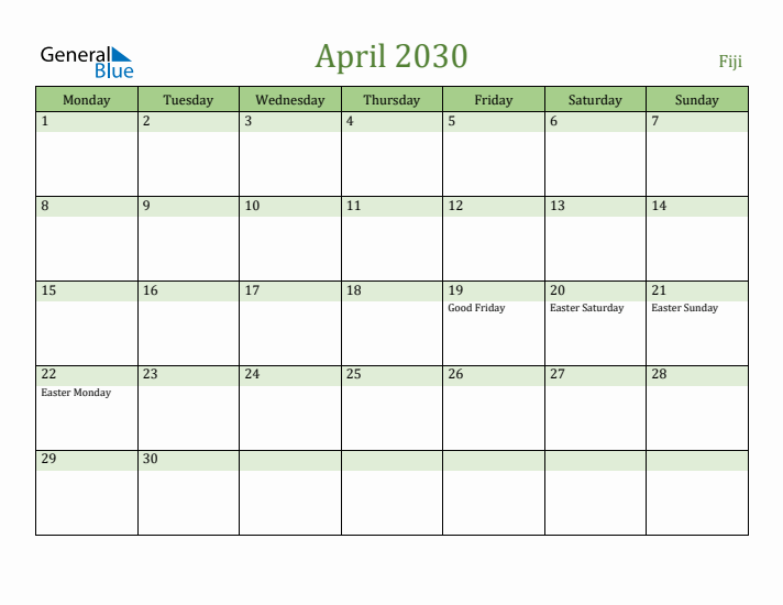 April 2030 Calendar with Fiji Holidays