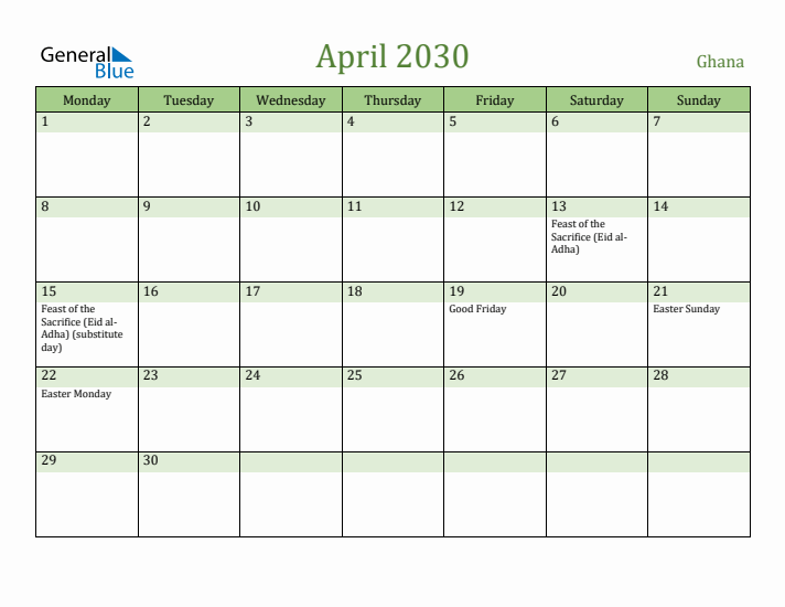 April 2030 Calendar with Ghana Holidays