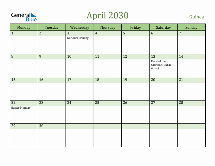 April 2030 Calendar with Guinea Holidays
