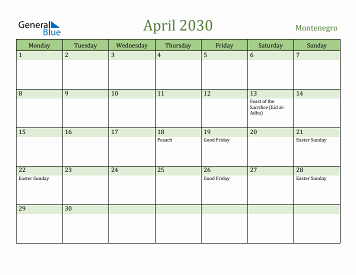 April 2030 Calendar with Montenegro Holidays