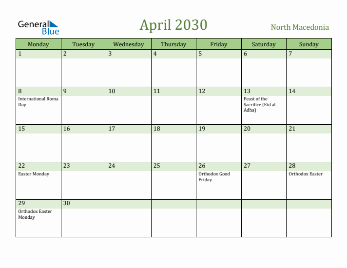 April 2030 Calendar with North Macedonia Holidays