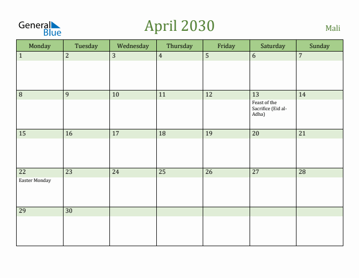 April 2030 Calendar with Mali Holidays