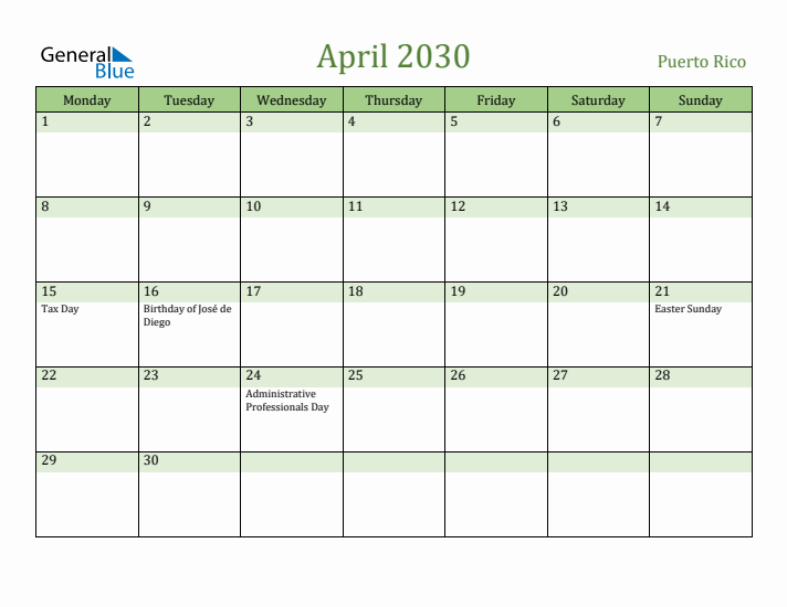 April 2030 Calendar with Puerto Rico Holidays