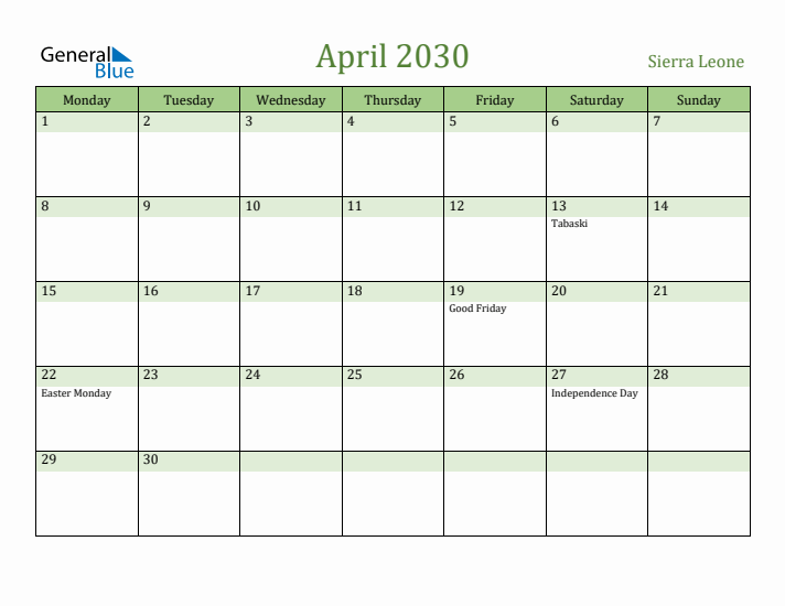 April 2030 Calendar with Sierra Leone Holidays