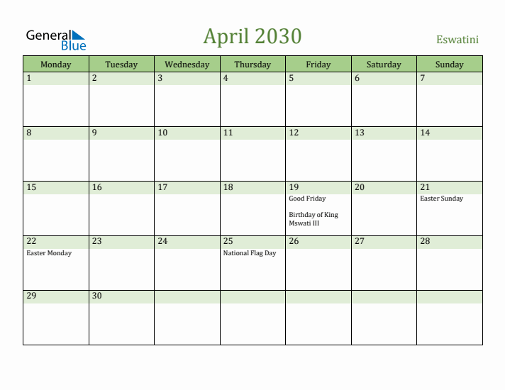 April 2030 Calendar with Eswatini Holidays