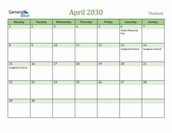 April 2030 Calendar with Thailand Holidays
