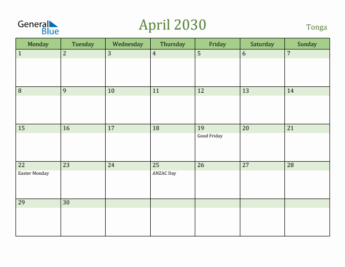 April 2030 Calendar with Tonga Holidays