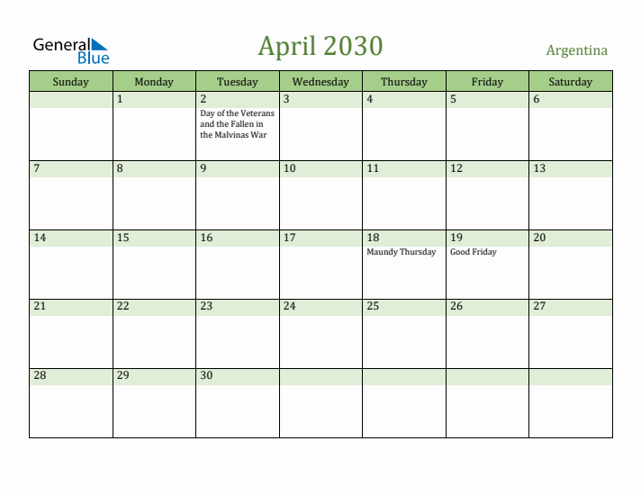 April 2030 Calendar with Argentina Holidays