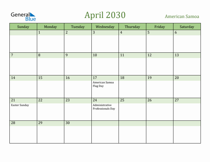 April 2030 Calendar with American Samoa Holidays