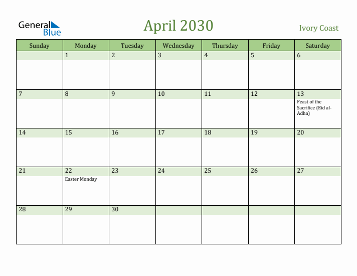 April 2030 Calendar with Ivory Coast Holidays