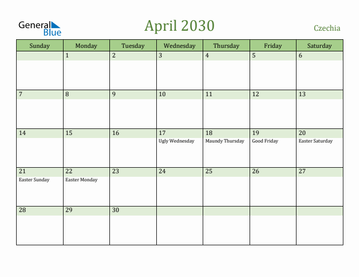 April 2030 Calendar with Czechia Holidays