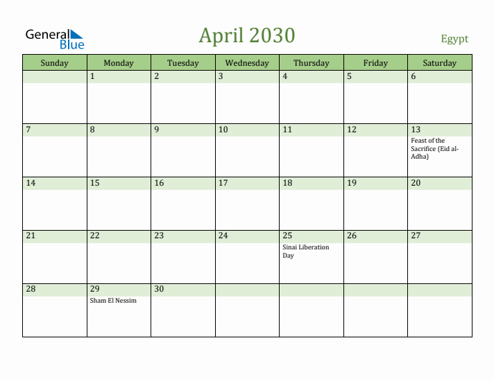 April 2030 Calendar with Egypt Holidays
